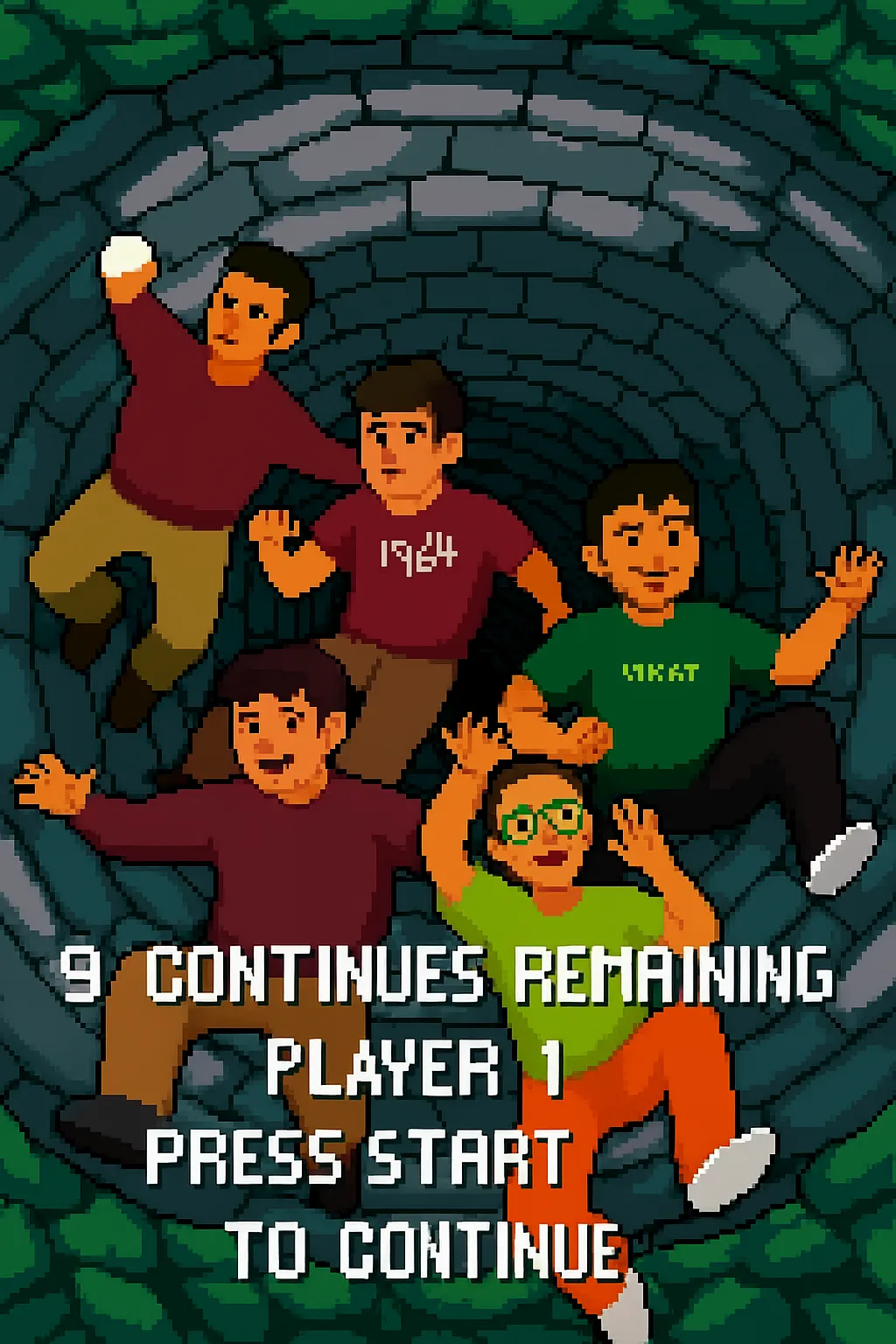 Imagen del equipo en estilo Pixel Art, cayendo por un pozo cómo el de MK4